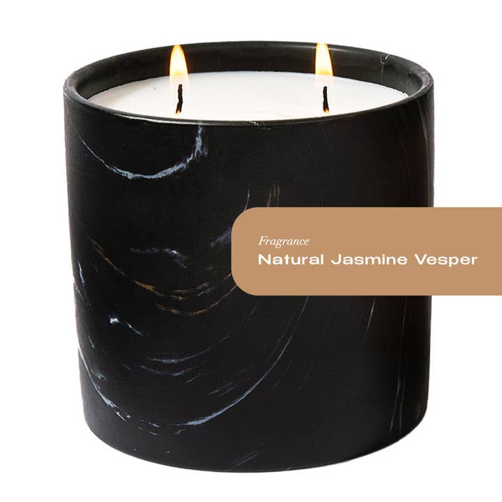 Natural Jasmine Vesper Black Marquina Candle 17oz for wholesale by Plant Based Candles
