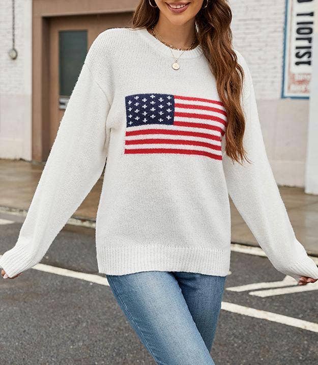 Rosa Clothing - Wholesale Knit Sweater - Women's - USA American Flag Jacquard Slim Knitted Pullover Sweater7