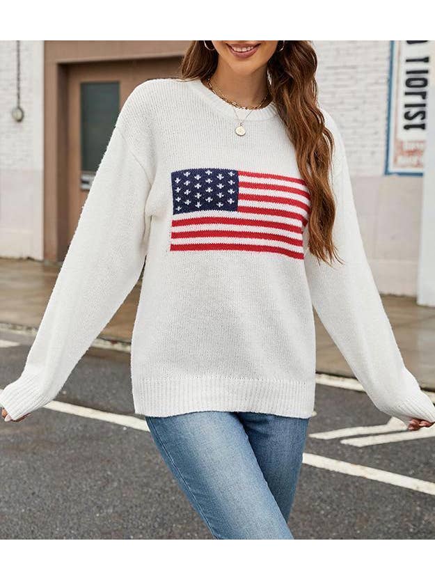 Rosa Clothing - Wholesale Knit Sweater - Women's - USA American Flag Jacquard Slim Knitted Pullover Sweater7