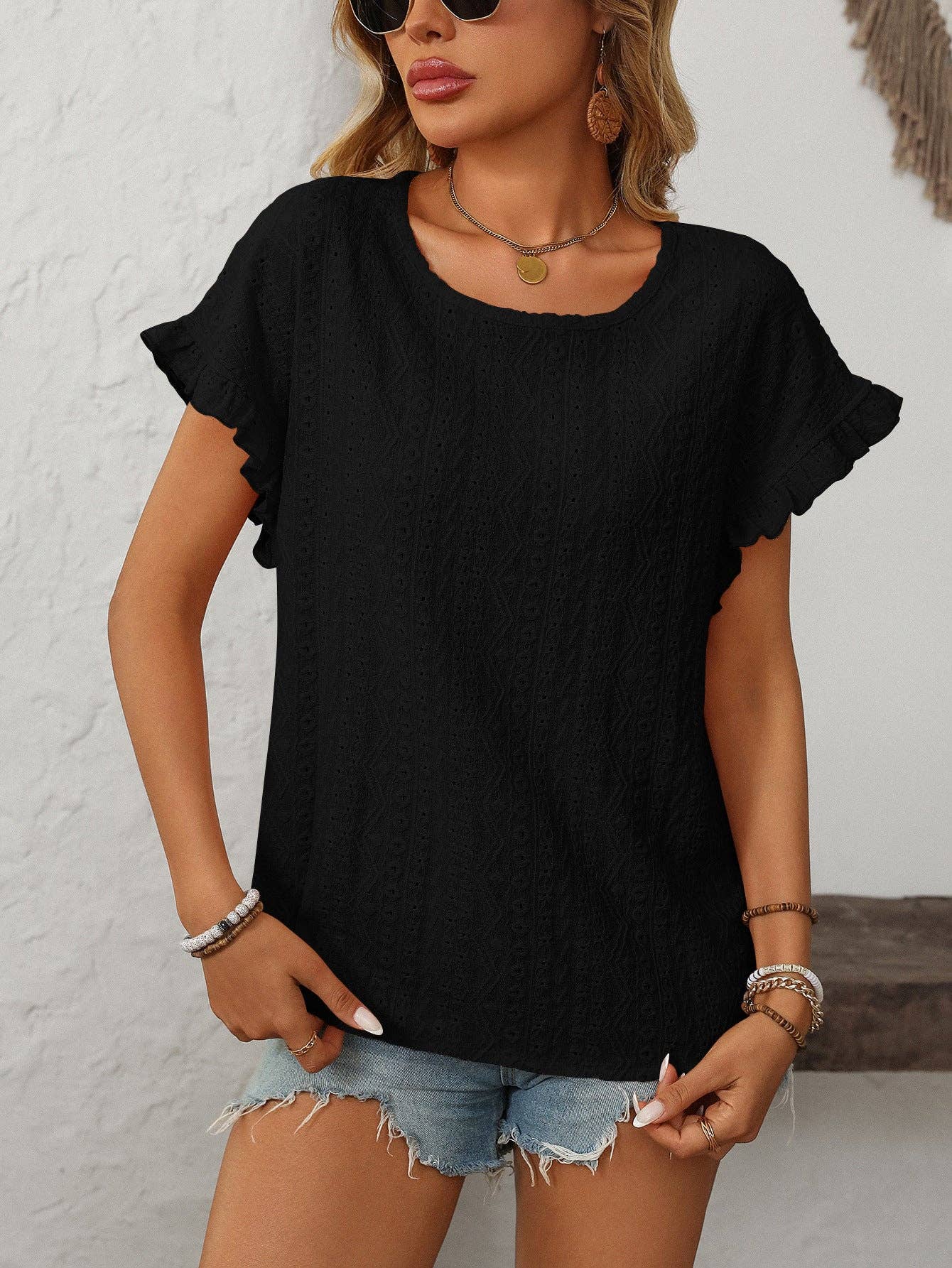 Suhkasana - Wholesale Blouse - Women's - Crew Neck Ruffle Sleeve Short Sleeve Top13