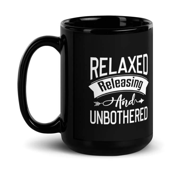 Ontspannen en ongestoord 15 oz zwarte glanzende mok voor wholesale door Lifestyle by Suncera