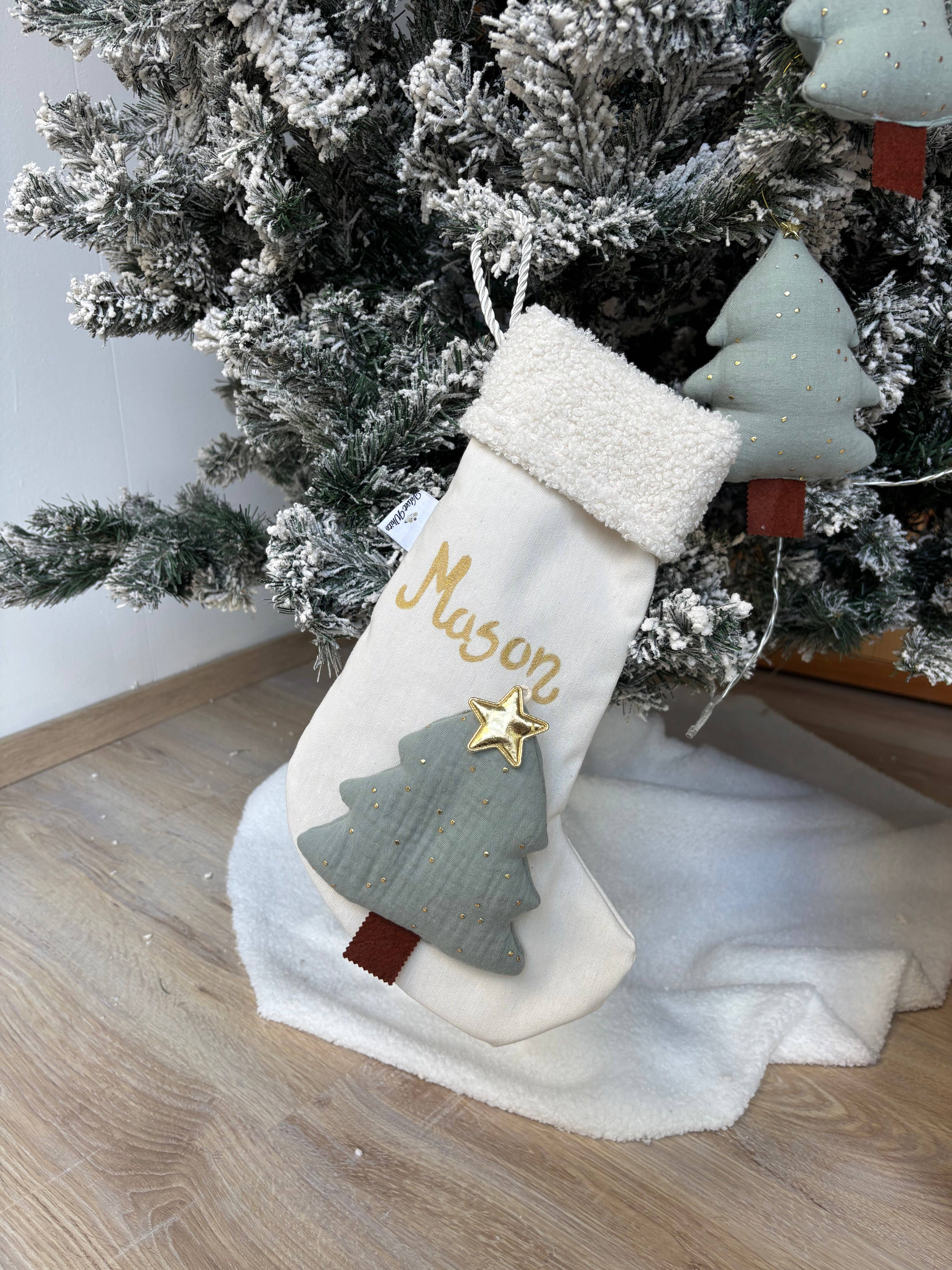 Velvet White – wholesale Holiday Stocking – Christmas Stocking – Handmade Muslin Fabric Sock with Gold Stars, Custom Hand Painted Name1