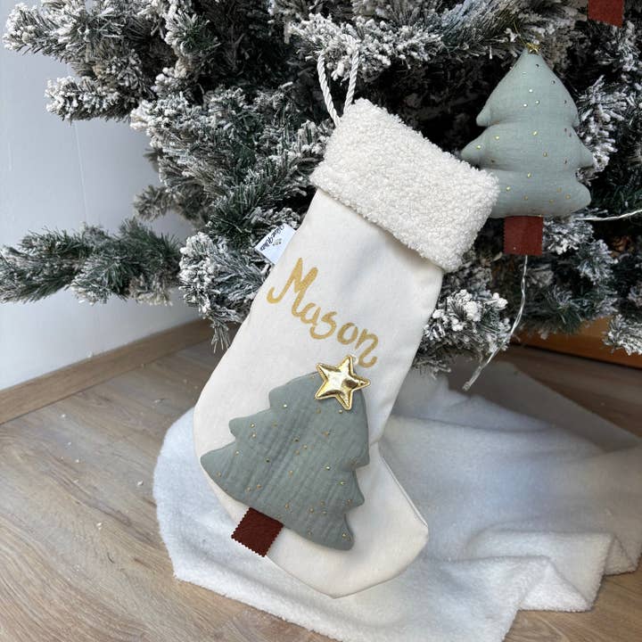 Velvet White – wholesale Holiday Stocking – Christmas Stocking – Handmade Muslin Fabric Sock with Gold Stars, Custom Hand Painted Name1