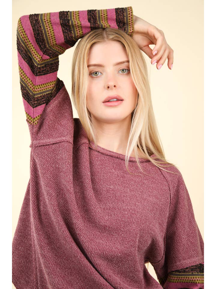 VERY J - Wholesale Knit Top - Women's - NT11706-Contrast Striped Sleeve Detail Casual Knit Top