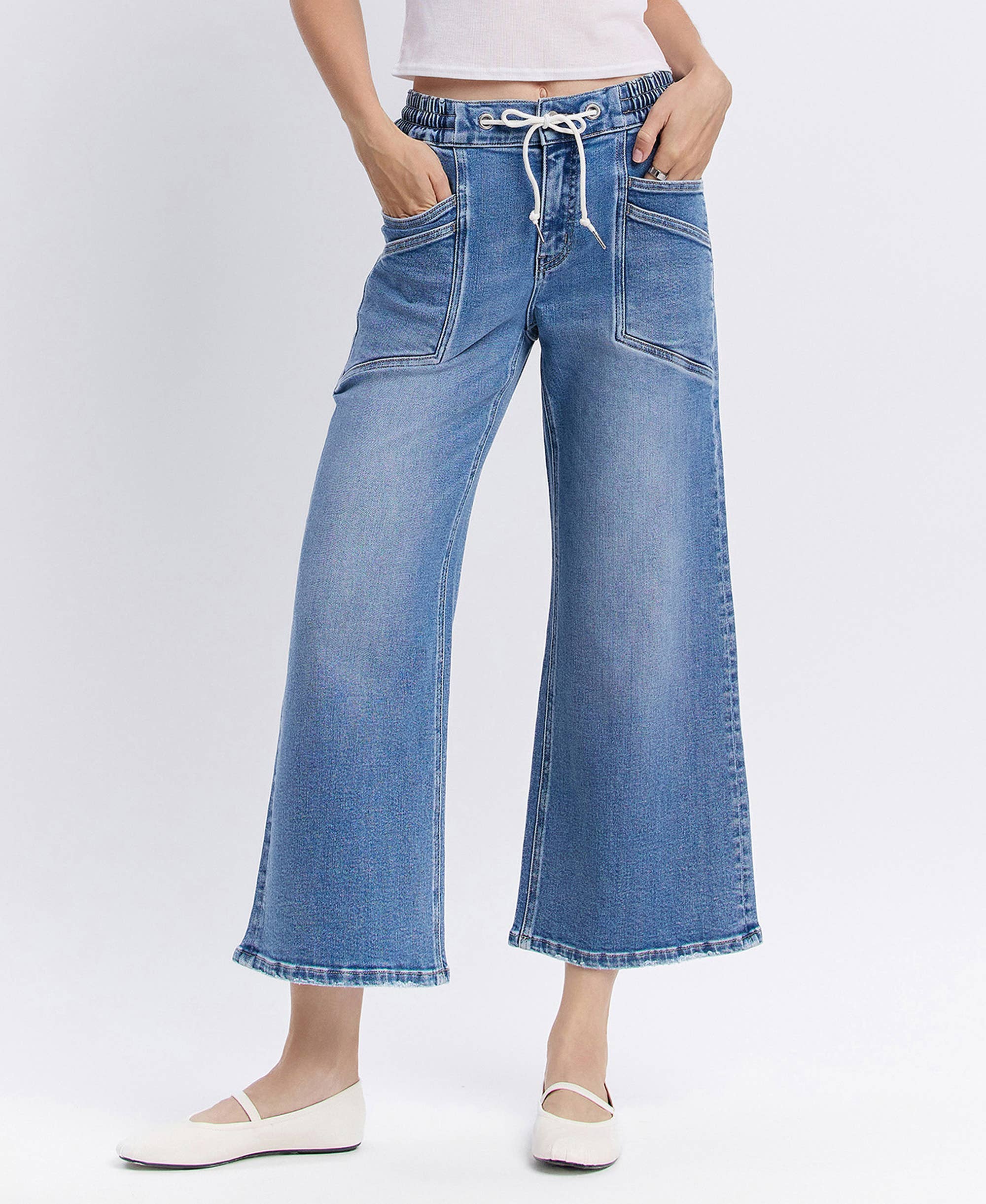 REASSURE HIGH RISE DRAWSTRING WAISTBAND WIDE LEG JEANS V3650 for wholesale on Faire0