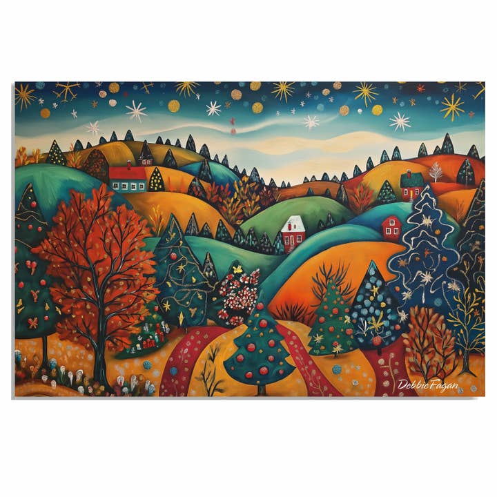 Village de Noël avec des arbres sur une scène de collines ondulantes en toile pour la vente par Art Paradise Studios