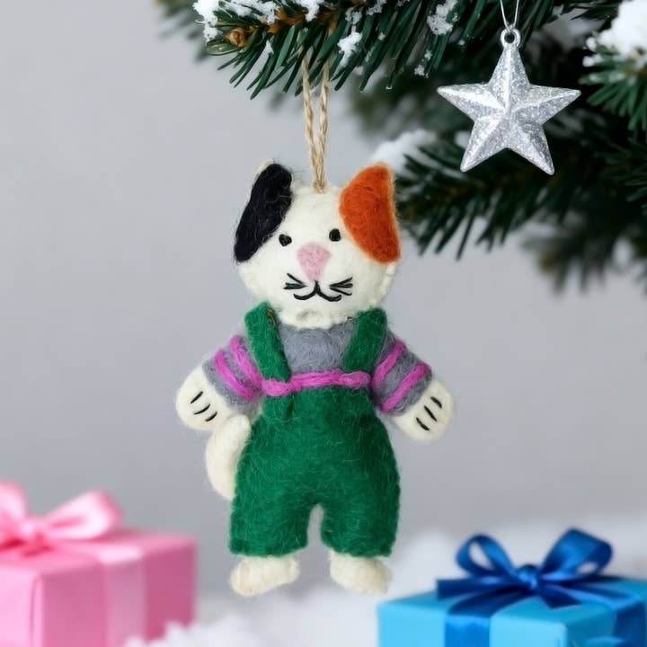 Handmade Wool Felt Cozy Calico Cat Ornament for wholesale by Sparkle Being