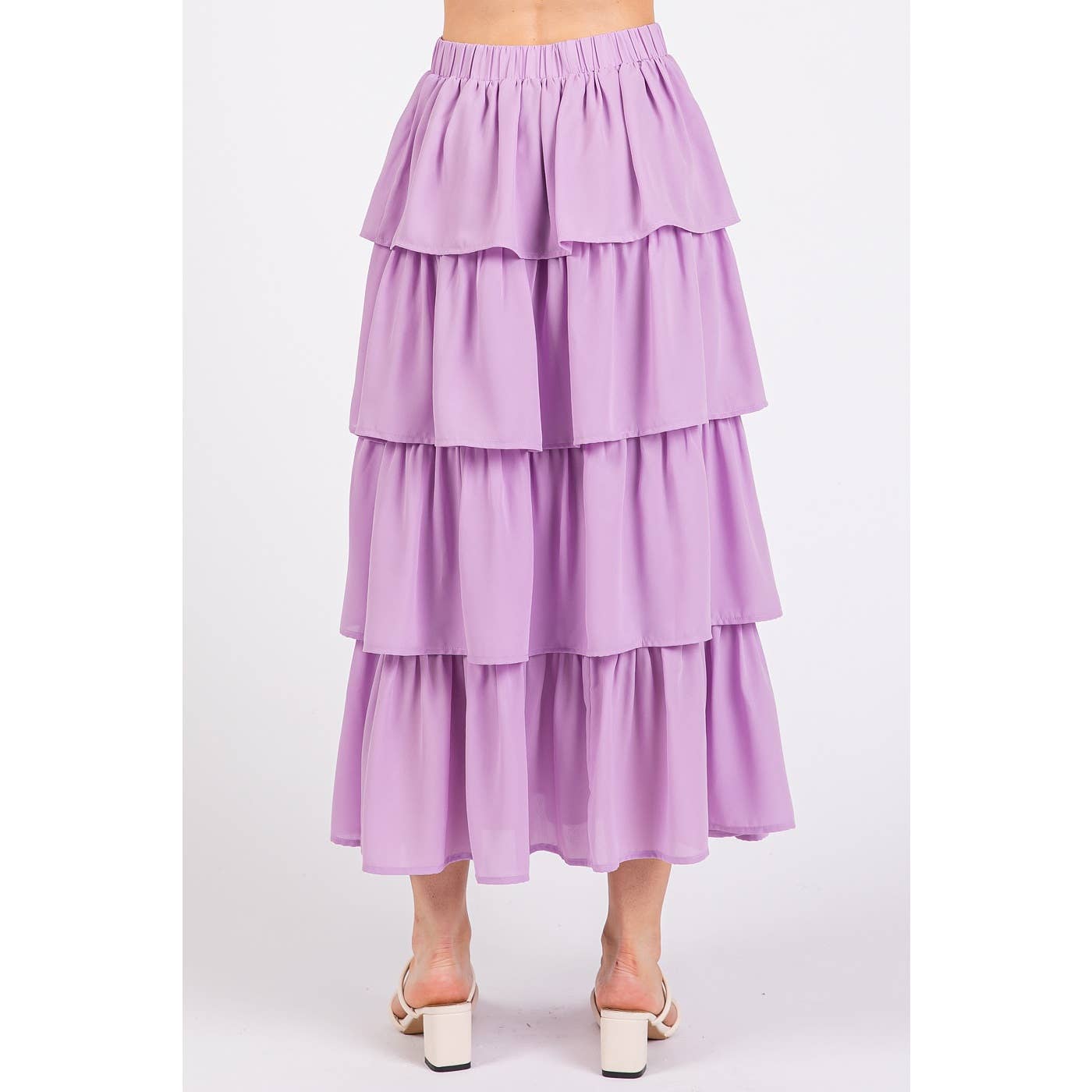 mittoshop – Engroshandel Nederdel - Dame – CHIFFON VOLANT LAGDELT ELASTISK TALJE MIDI NEDERDEL3