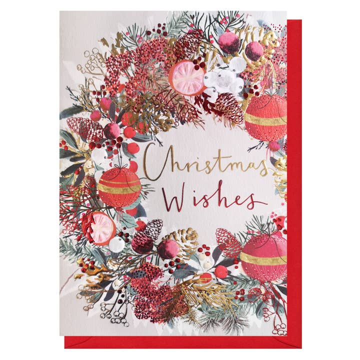 Christmas Wreath Baubles Card | Holiday Card | Seasonal Card for wholesale by Louise Tiler