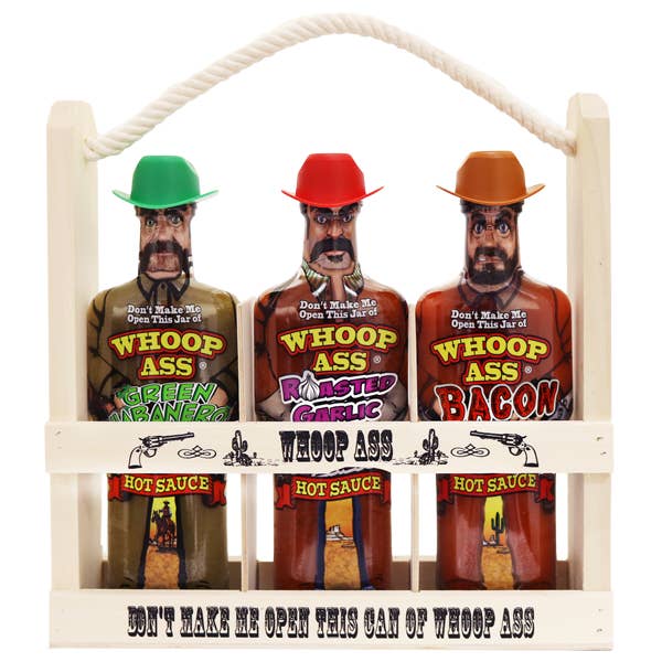 Whoop Ass Hot Sauce Wooden Crate Gift Set for wholesale by Southwest Specialty Food