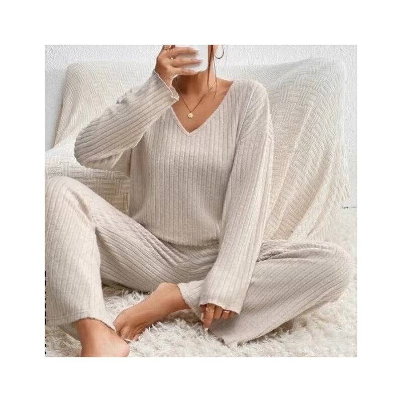 FurDecoration - Wholesale Lounge Set - Women's - V-Neck Loose Knit Fleece Long Sleeve Top Pants Set3