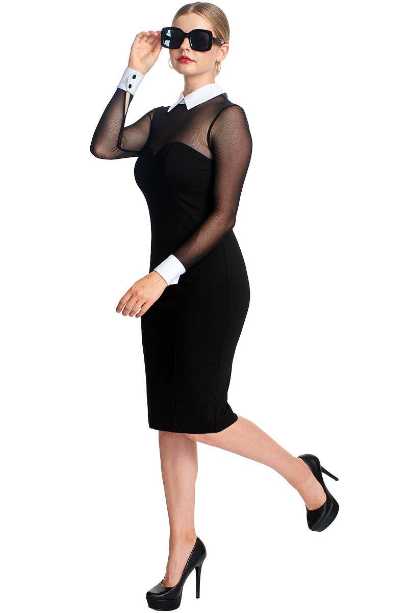 Tuxedo Illusion Dress - Black & white midi dress with mesh sleeves, contrast collar & cuffs for wholesale on Faire5