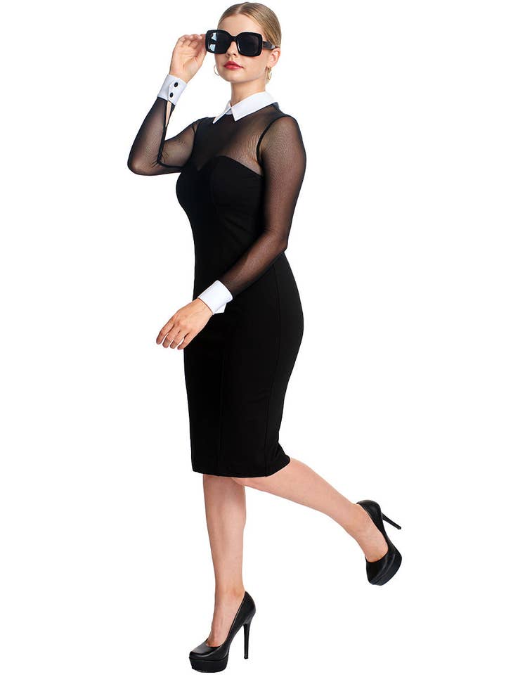 Tuxedo Illusion Dress - Black & white midi dress with mesh sleeves, contrast collar & cuffs for wholesale on Faire5