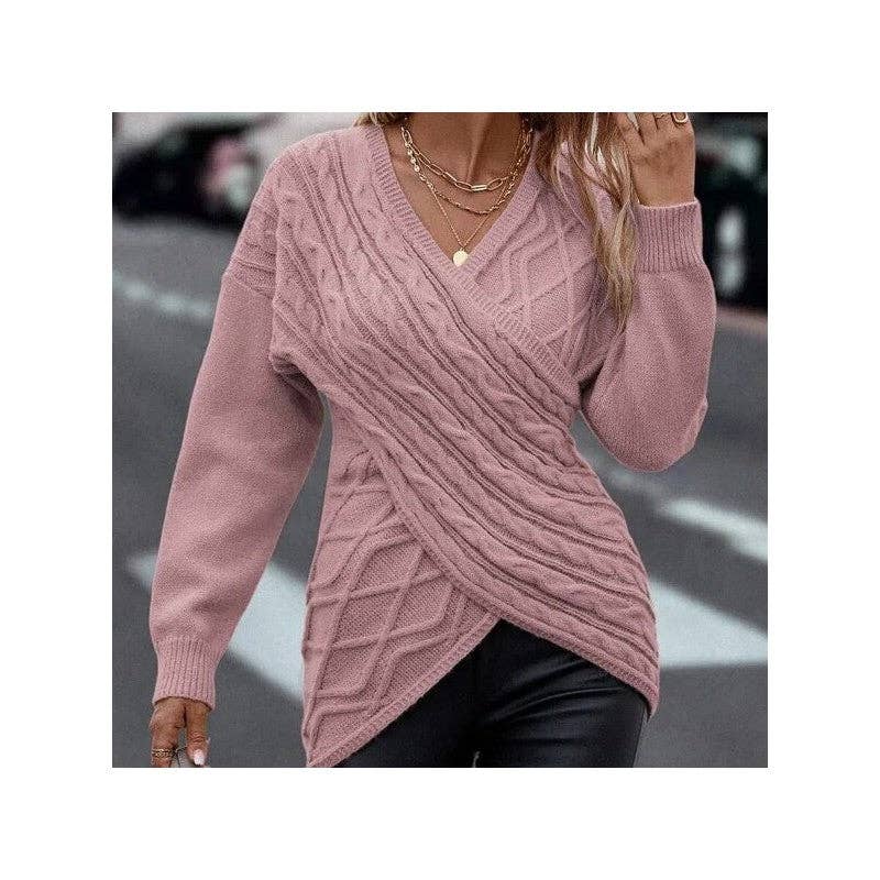 UZ Wholesale Store – wholesale Pullovertröja - Dam – Enfärgad V-ringad korslagd jacquard smal casual tröja2