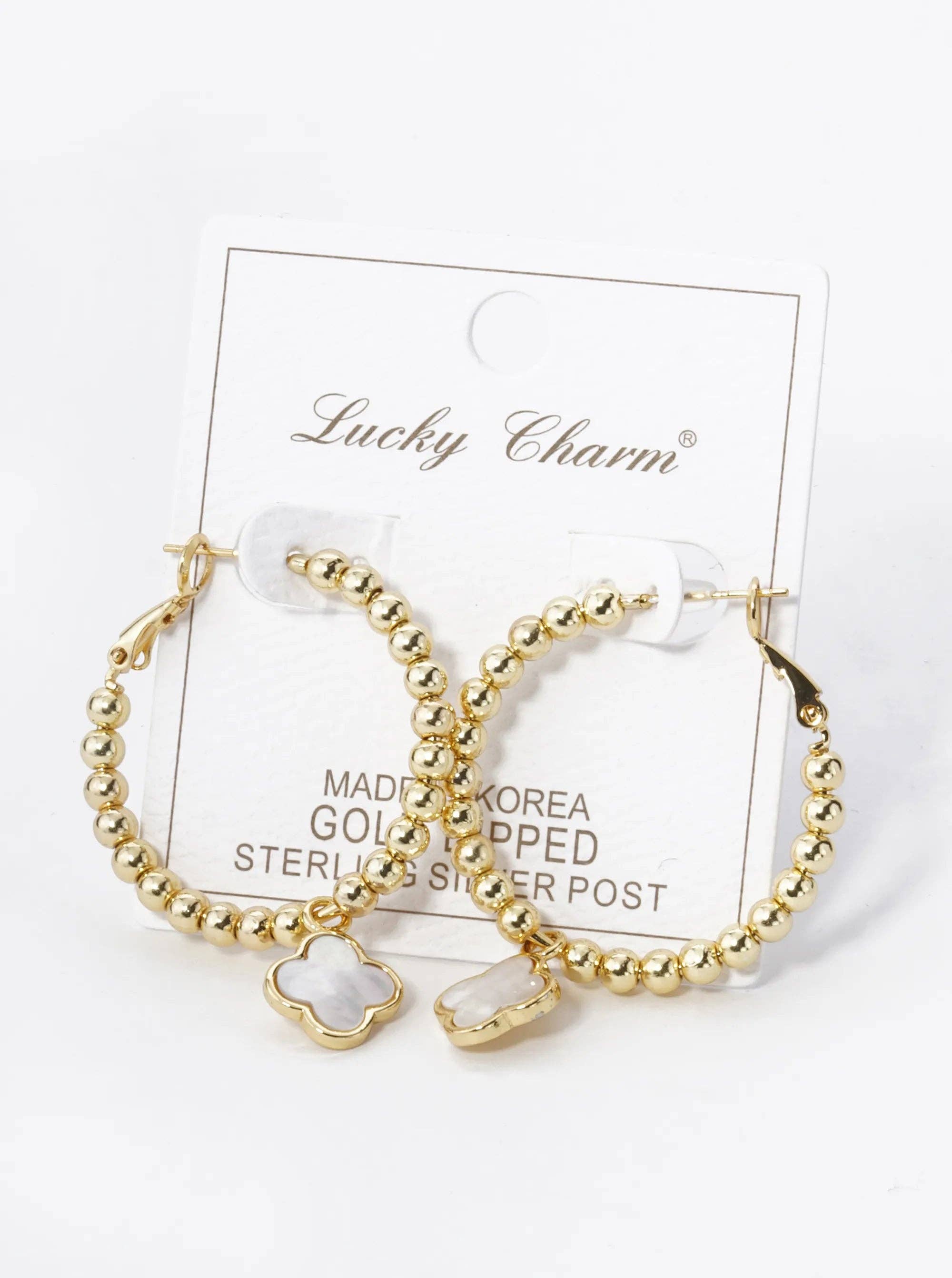 Wild Honey - Wholesale Hoop Earrings - 18K Gold Dipped Quatrefoil Drop Beaded Hoop Earrings7