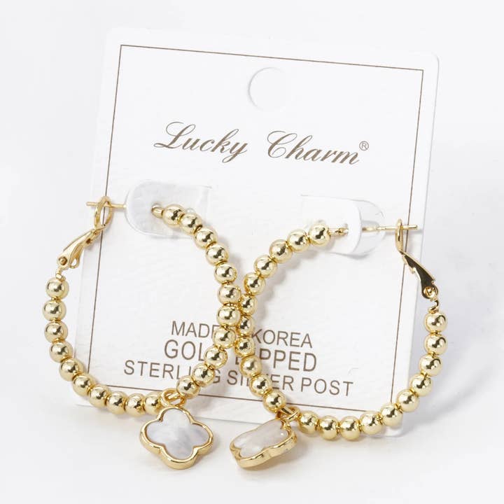 Wild Honey - Wholesale Hoop Earrings - 18K Gold Dipped Quatrefoil Drop Beaded Hoop Earrings7