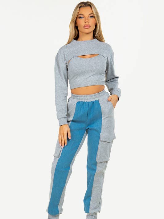 049-815-CT001 Set - French terry joggingbroek van denim met cargotop voor wholesale door LABIJOU