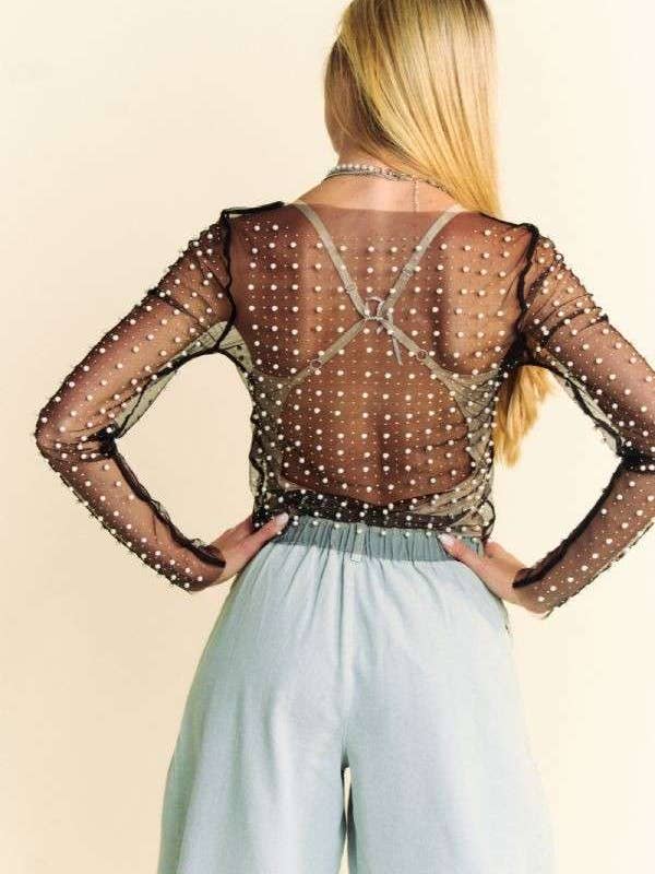 Davi & Dani - Wholesale Tank Top - Women's - PLUS BEAD PEARL EMBELLISHED LONG SLEEVES MESH TOP3