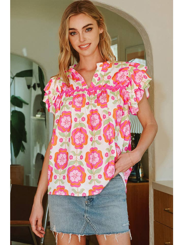 As shown Floral Ruffle Sleeve Ric-rac Trim Split Neck Loose Blouse for wholesale on Faire