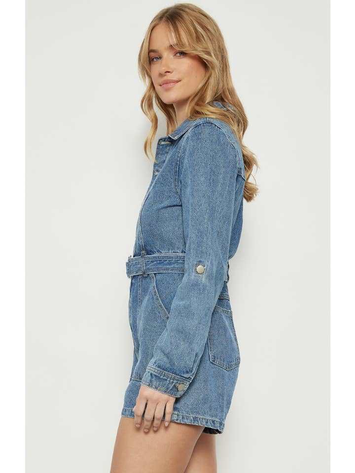 Style State Wholesale - Wholesale Romper - Women's - Button Up Denim Playsuit with D-Ring Belt Detail