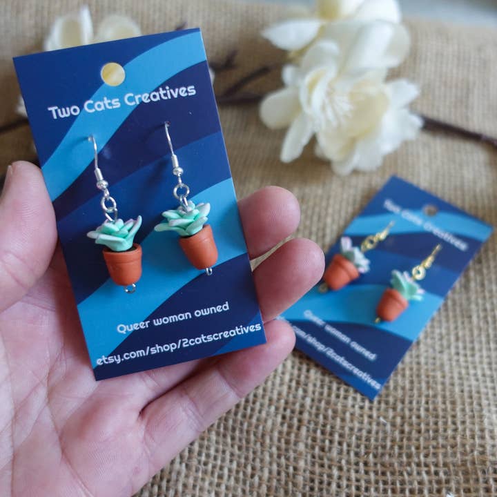Handmade Succulent Botanical Polymer Clay Fish Hook Earrings – Nature-Inspired Jewelry for wholesale by Two Cats Creatives