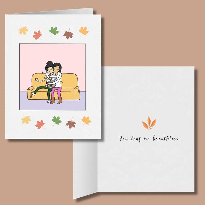 You Leaf Me Breathless | Cartão Lésbico Romântico Bonito | Presente de Aniversário LGBTQ | Cartões de saudação WLW Sapphic Love Outono Outono | Cartões sazonais por atacado de Sesame But Different