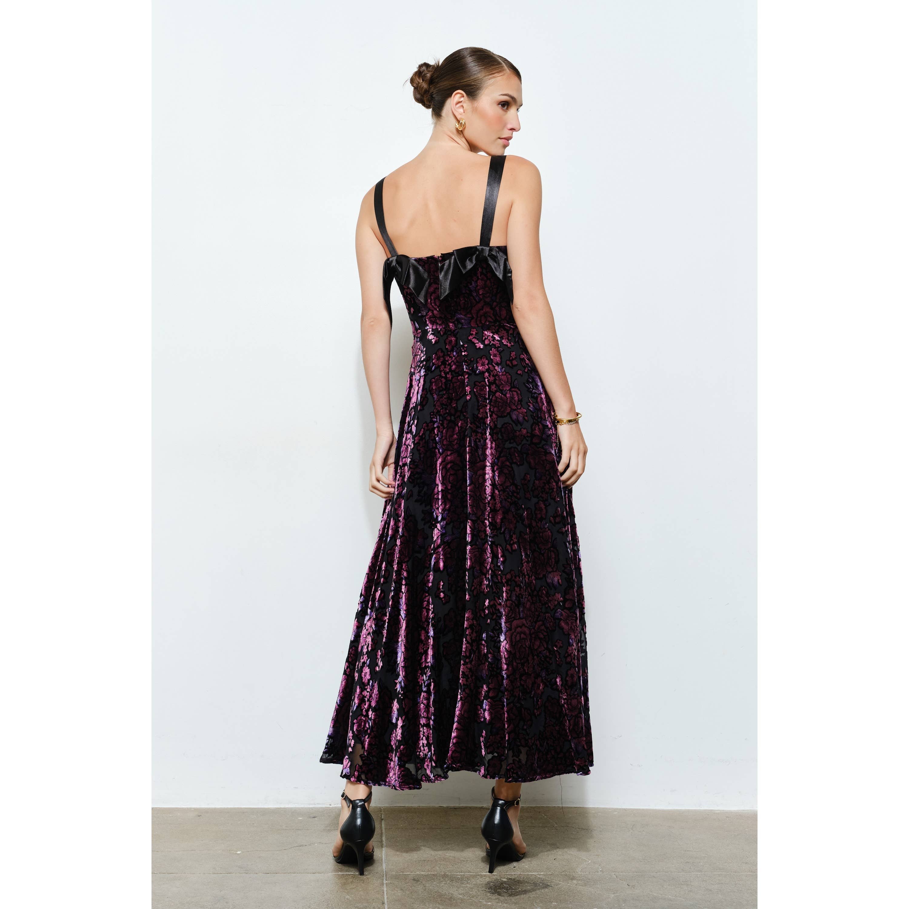 INA – wholesale Dress – Women's – Velvet Floral Bow-Back A-Line Maxi Dress12