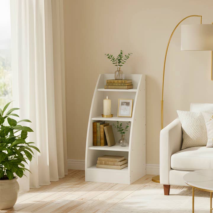 KENNEN 31.5“x17” 4 Tier Kids Bookcase White Curved Side Display Shelf for Playroom Nursery Bedroom for wholesale by HOMYCASA DESIGN INC