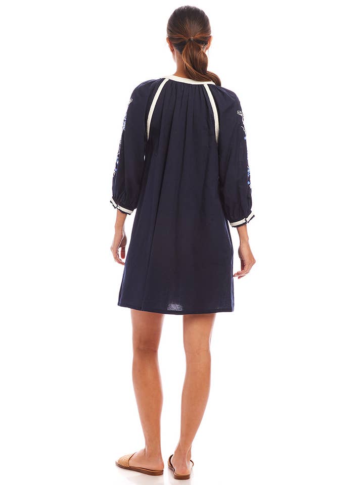 Navy Blouson Sleeve Embroidered Peasant Dress for wholesale on Faire