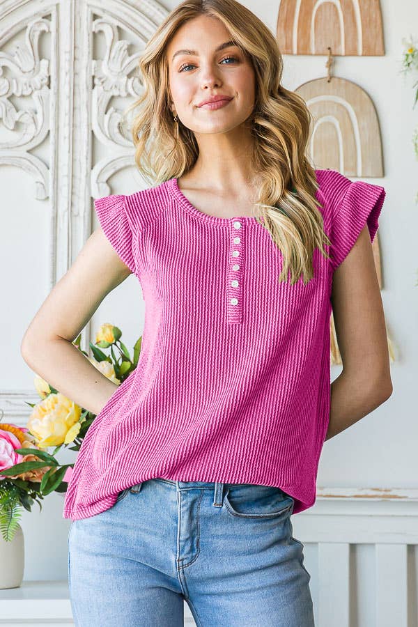 7th Ray – Engroshandel Strikket top - Dame – Solid Rib Knap-Front Flæseærme Top T51560