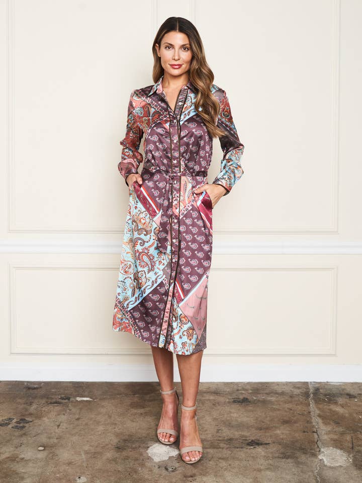 5611-MAD Satin Patchwork Print Shirt Dress w/Self Belt for wholesale by Paparazzi
