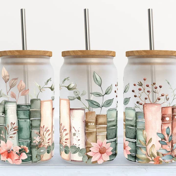 Kate Haven - Wholesale Drinking Glass/Cup - Floral Books 16oz Frosted Libbey Glass Tumbler