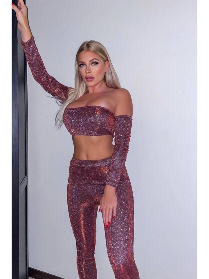 Nazz Collection Clothing Ltd - Wholesale Dress – Women's - Havana Plum Metallic Glitter Two Piece Leggings Co-ord Set1