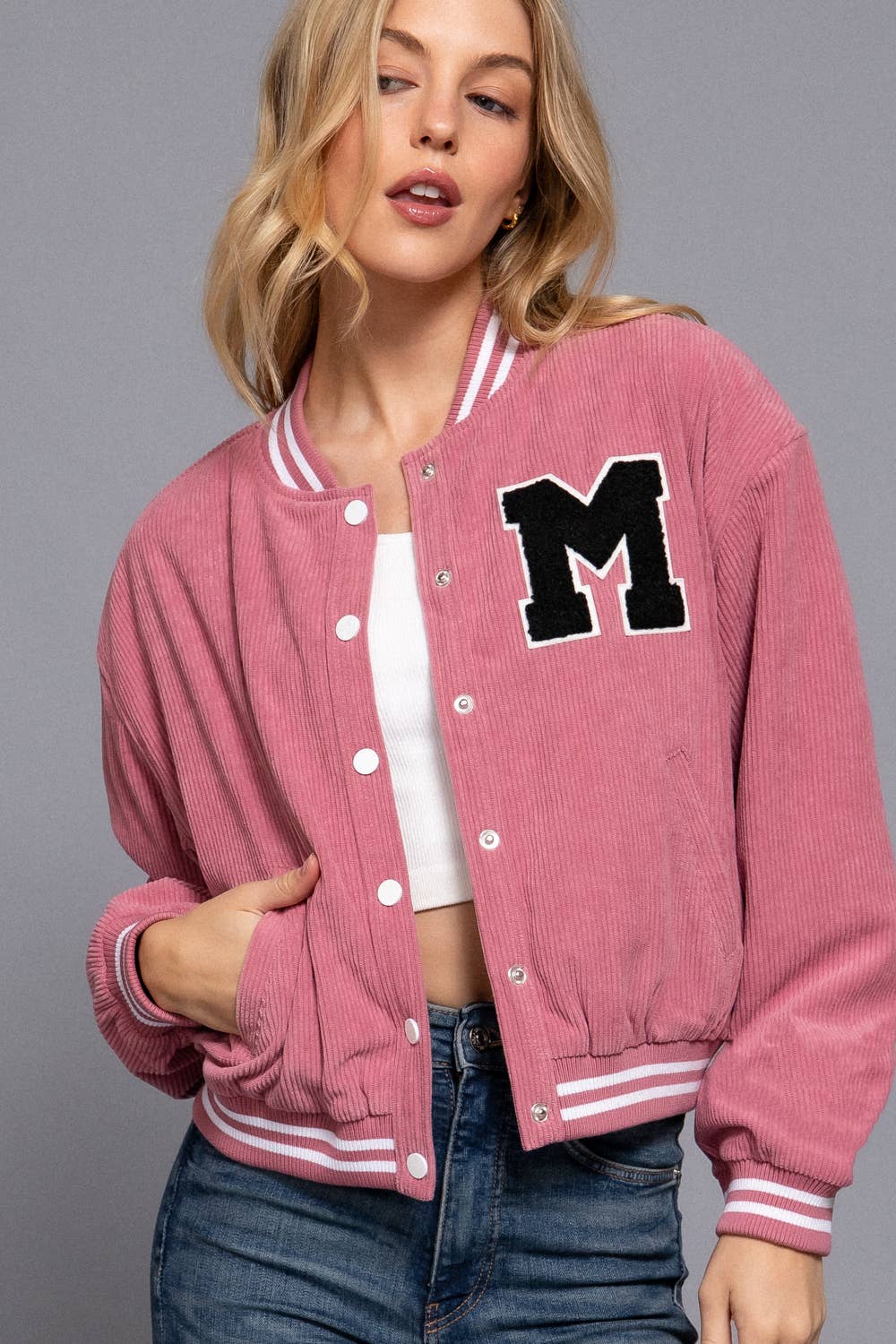 Active Basic | Active USA – wholesale College/Baseball Jacket - Women’s – Long Sleeve Corduroy Varsity Jacket3
