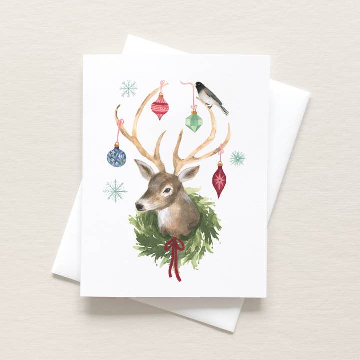 Deer with Decorations Art Card for wholesale by Emilie Simpson Art & Design