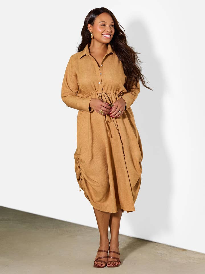 Beige Noa Collared A-Line Midi Dress for wholesale on Faire2