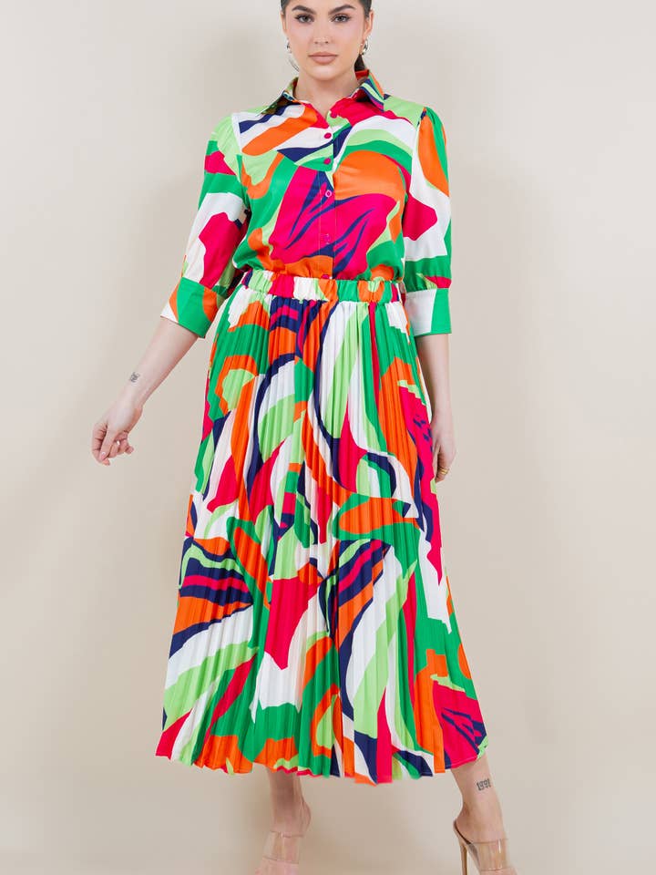 Damen-Set aus mehrfarbigem Hemd und Rock für den Großhandel von Fashion Space