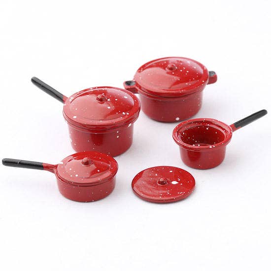 Factory Direct Craft - Venta al por mayor Juego de accesorios para muñecas - Niños - Juego de ollas y sartenes en miniatura de casa de muñecas de esmalte rojo