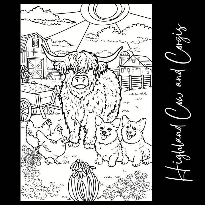 Highland Cow and Corgis – Giant Coloring Page (24x36") for wholesale by Tons of Hues