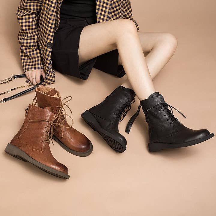 DWARVES - Wholesale Combat/Military Boots - Women's - Full Grain Leather Combat Boots Designer Retro Chunky Riding Boots Back Zip Brown/Black1