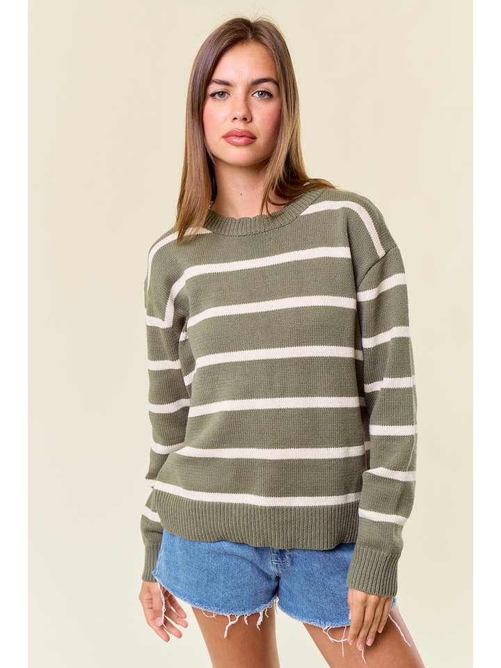 Doe and Rae - Wholesale Knit Sweater - Women's - Scallop Neckline Long Sleeve Striped Sweater Top - 44682T1