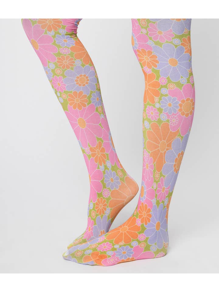 Unique Vintage - Wholesale Tights - Women's - Smak Parlour 1960s Pink & Green Flower Power Tights