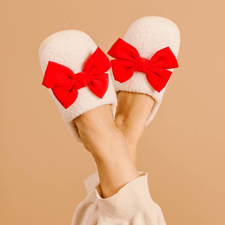 Fuzzy Slippers Pre-Pack-Betty Bow Red for wholesale by The Darling Effect