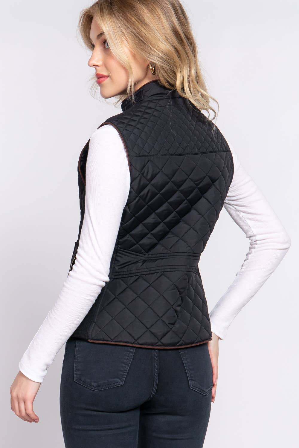 Active Basic | Active USA - Wholesale Outerwear Vest - Women's - Suede Piping Detail Rib Quilted Padding Vest3