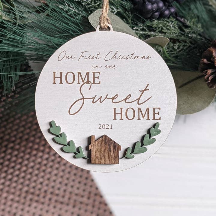 Our First Christmas in our Home Sweet Home Ornament 2025 for wholesale by Richer Design Co.
