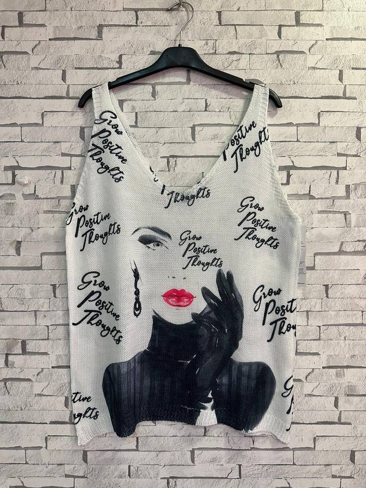 LOOWIE - Wholesale Knit Sweater - Women's - Z149 White Face V-Neck Knit Printed Sleeveless Sweater