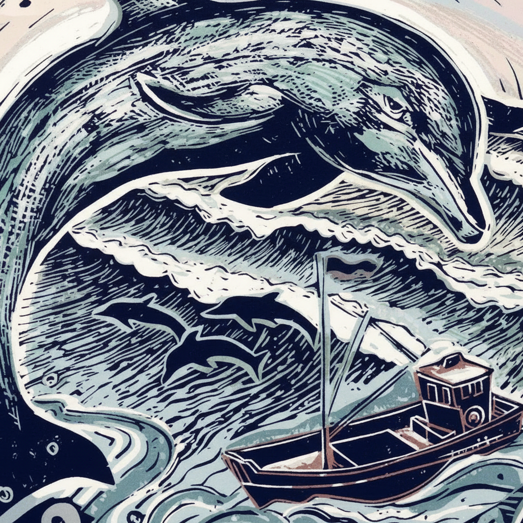 Jamie Poole – wholesale Art print – Chasing Fish! (Dolphin) Limited Lino Print1