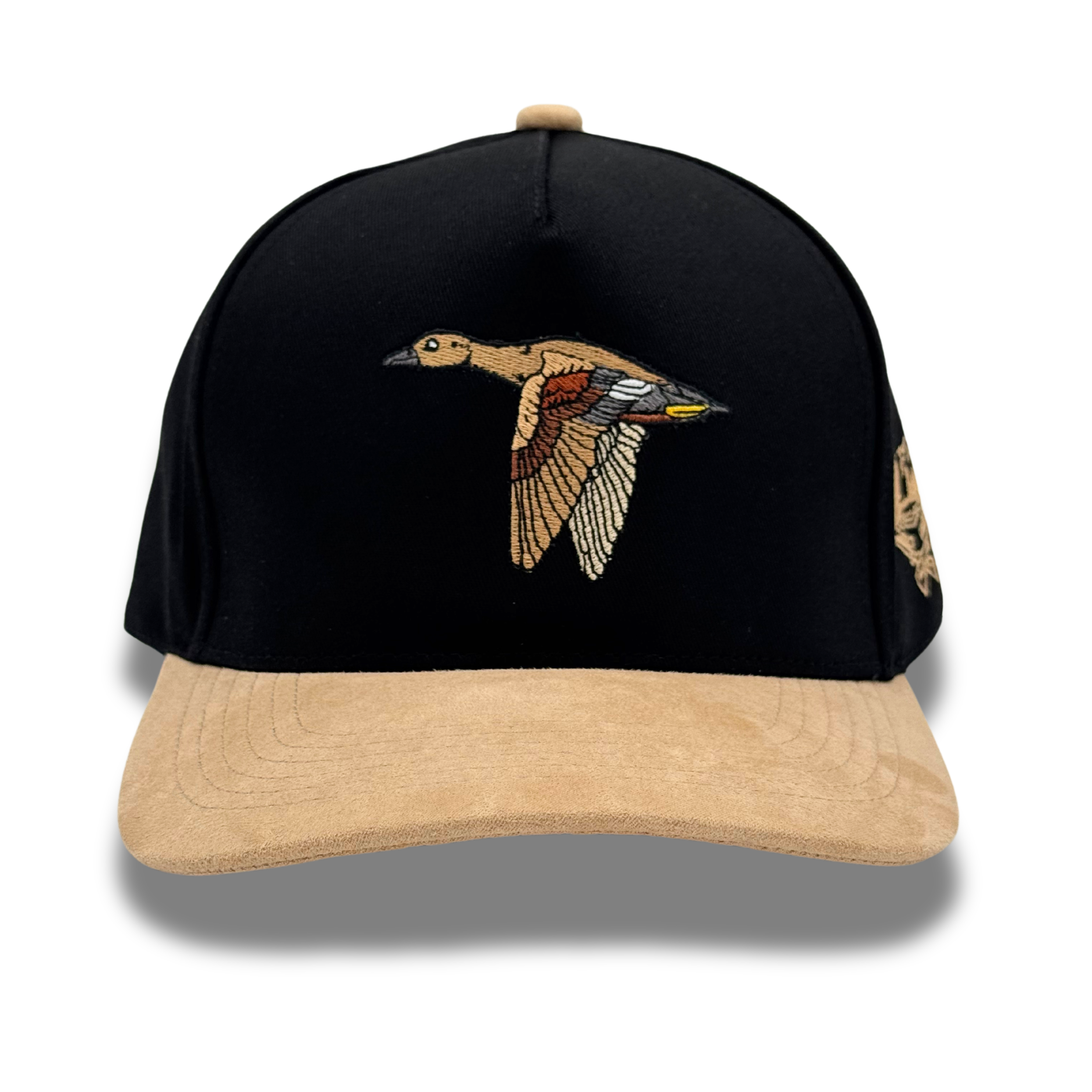 Citizen Row – wholesale Hat accessory – men's – Tan Suede Brim & Black Duck Design with Shotgun Embroidery1