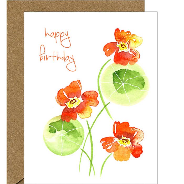 Happy Birthday Watercolor Nasturtium Notecard for wholesale by Pink Bathtub Designs