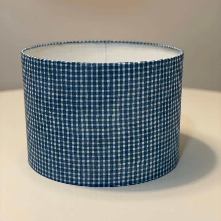 Olive and Limpet - Wholesale Lamp Shade - 10 inch Drum Lampshade. Indigo Hand Print from India. Faded Blue Check Pattern.2